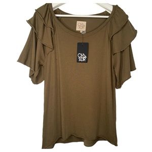 Chaser Baby Rib Elbow Sleeve Ruffle Raglan Tee Size Medium NWT